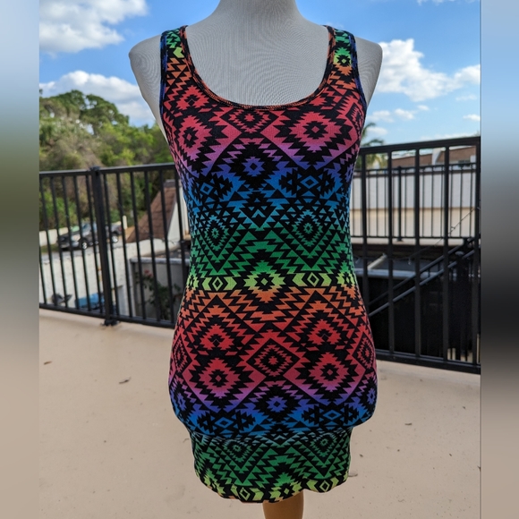 Colorful Aztec Print Ribbed T-Shirt/Mini-Dress (Rainbow of Colors) - Picture 1 of 12
